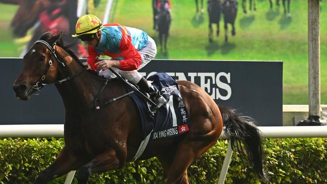 Zac Purton guiding Ka Ying Rising to victory in the Group 1 Hong Kong Sprint. Picture: Vince Caligiuri-Getty Images