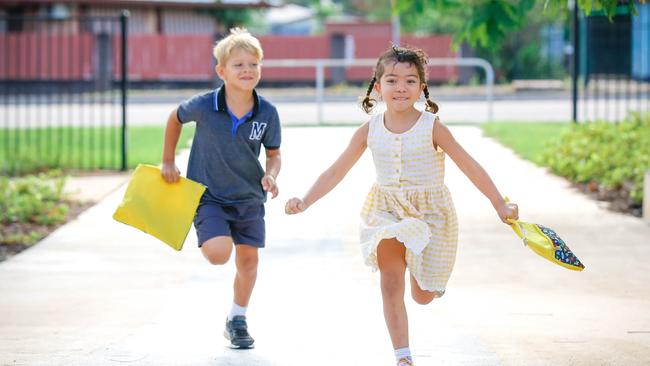 Liana McDonald, 5, and Ashton Lewfatt, 5, raring to go for Term 4 of 2020. Picture: GLENN CAMPBELL