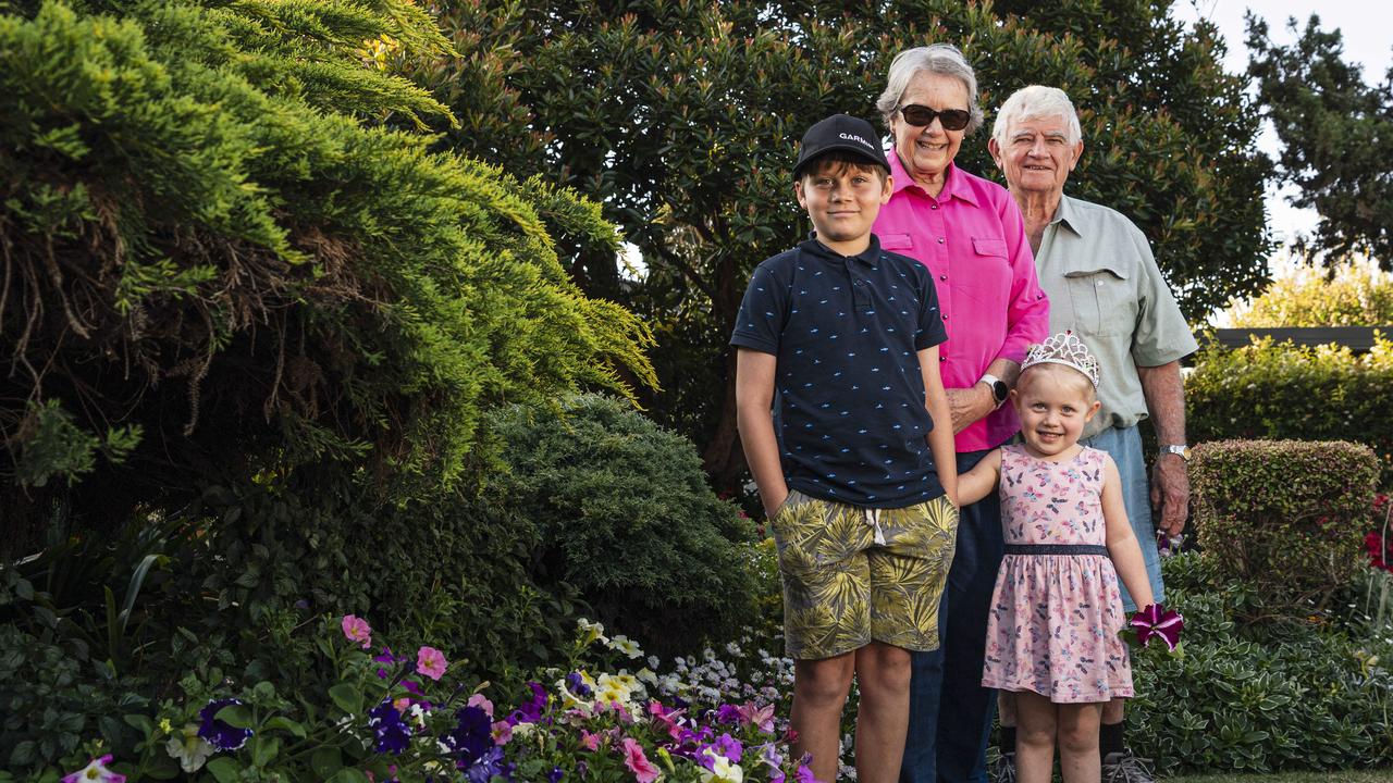 Margaret and John Campbell with their grandkids Edwin and Lavinia Campbell in The Chronicle Garden Competition City Reserve Grand Champion garden of Cheryl Ganzer during the Carnival of Flowers, Saturday, September 21, 2024. Picture: Kevin Farmer