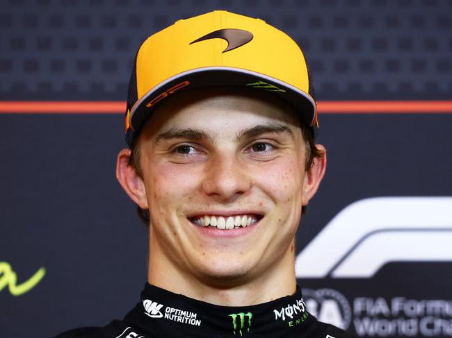 BARCELONA, SPAIN - MAY 31: Pole position qualifier Oscar Piastri of Australia and McLaren in the Drivers Press Conference during qualifying ahead of the F1 Grand Prix of Spain at Circuit de Barcelona-Catalunya on May 31, 2025 in Barcelona, Spain. (Photo by Clive Rose/Getty Images)