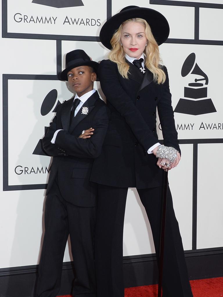 Walking straight out of the Blues Brothers movie, Madonna and son David Banda Mwale Ciccone Ritchie attend the 56th Grammy Awards in 2014. Picture: Getty