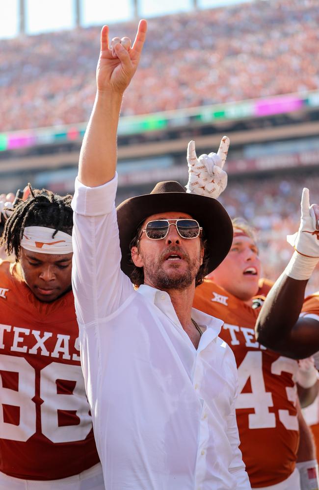 Actor Matthew McConaughey celebrates with the Texas Longhorns after defeating the Kansas State Wildcats in Austin, Texas. Picture: Tim Warner/Getty Images