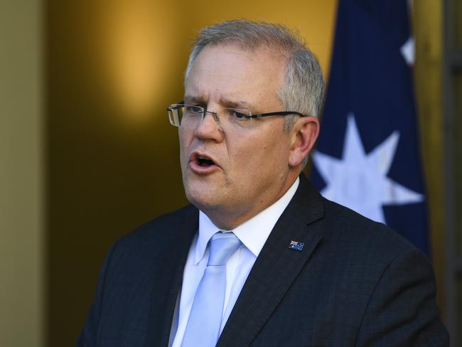 Australian Prime Minister Scott Morrison announcing a ban on overseas travellers except Australians. Picture: AAP