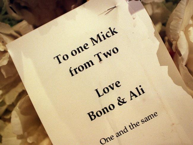 The message from Bono and his wife Ali that accompanied a floral bouquet for Michael Hutchence’s funeral. Picture: Supplied