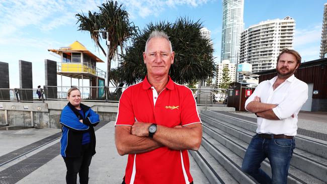 Gold Coast tourism operators Sarah Colgate (Aquaduck), Michael Gilmore (Jetboat) and Anthony Ardern (Whales in Paradise) plan joining a statewide protest about border closures. Photograph: Jason O'Brien