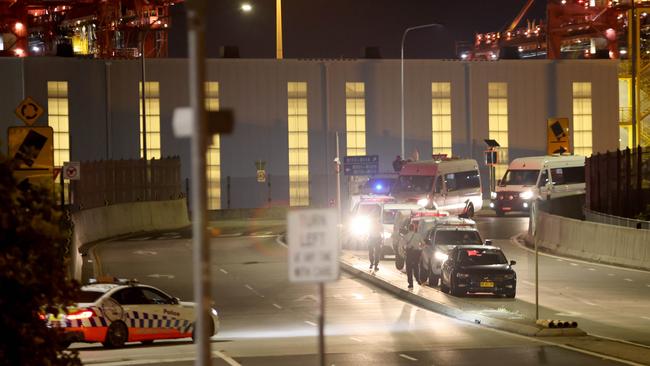 A large police presence as Pro Palestine protesters gather on the corner of Botany Road and Foreshore Road, in Botany. The Palestine Justice Movement and Trade Unionists for Palestine hold a protest action at Port Botany against the Israeli ZIM shipping line. Picture: Damian Shaw