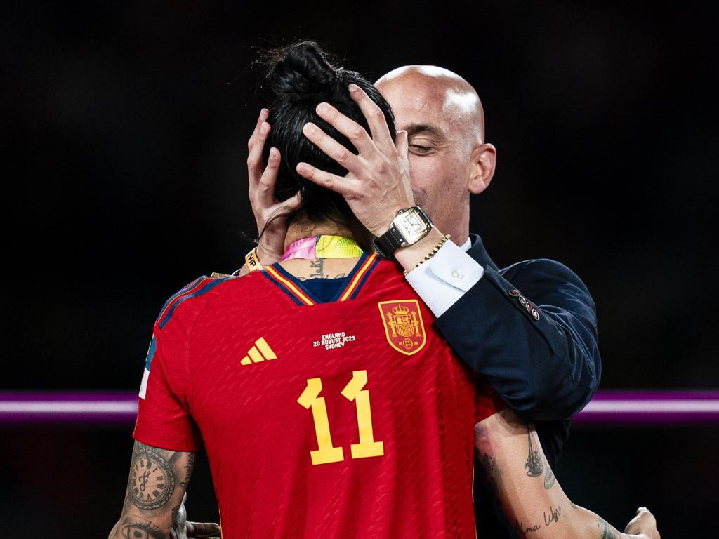 Then-president of the Royal Spanish Football Federation Luis Rubiales kissed Jennifer Hermoso of Spain during the medal ceremony of FIFA Women's World Cup final between Spain and England at Stadium Australia on August 20, 2023 in Sydney, Australia. Picture: Noemi Llamas/Eurasia Sport Images/Getty Images