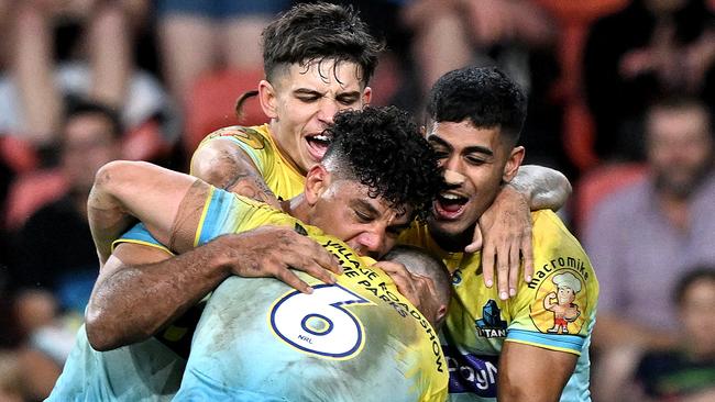 Gold Coast Titans’ Brian Kelly celebrates after scoring a try against Parramatta Eels during Magic Round at Suncorp Stadium on May 7. Picture: Getty Images