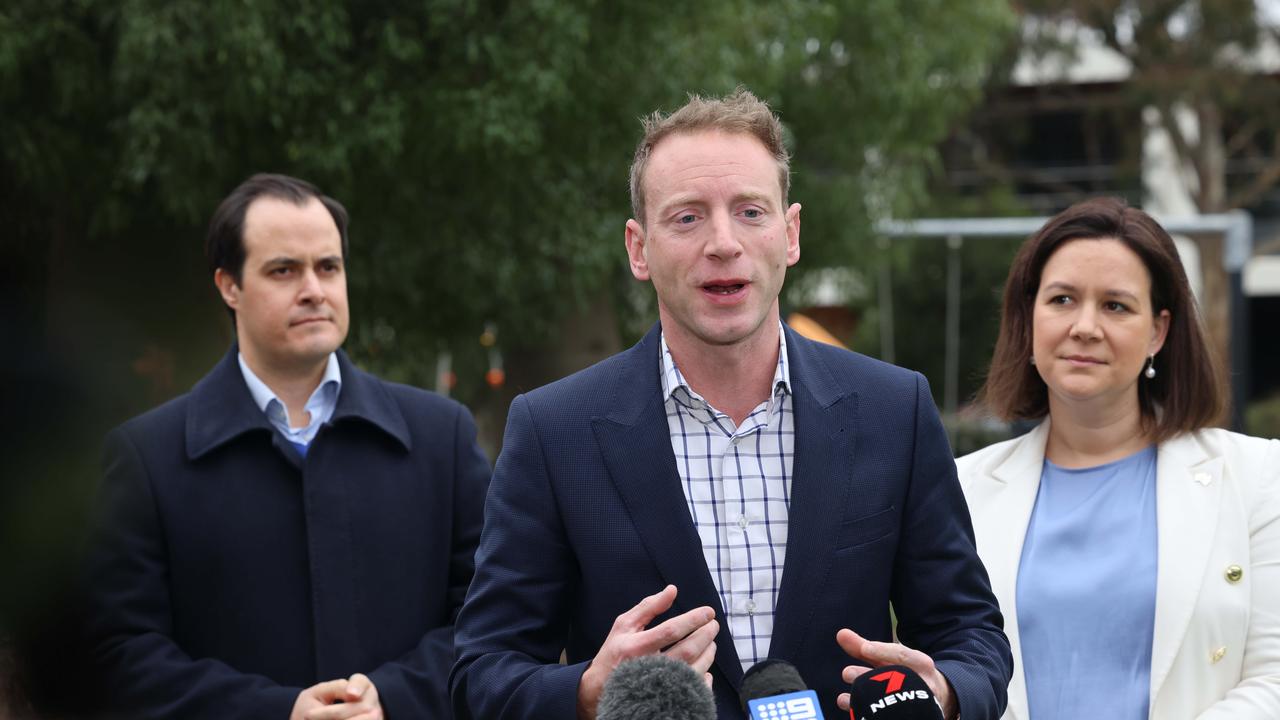 Former SA Liberal leader David Speirs flanked by Vincent Tarzia. Picture: Russell Millard Photography