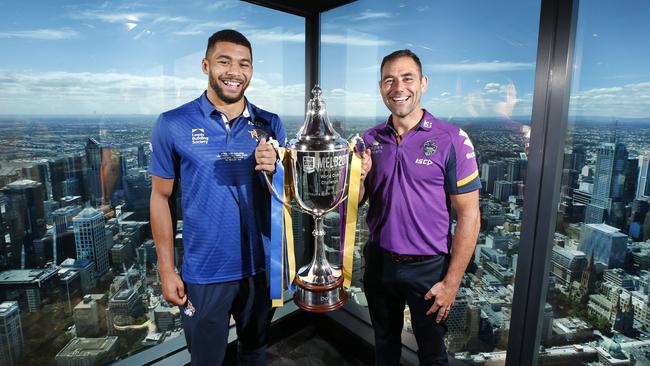 Kallum Watkins (left) with Cameron Smith ahead of Leeds’ World Club Challenge clash with Melbourne Storm in 2018. Picture: David Caird