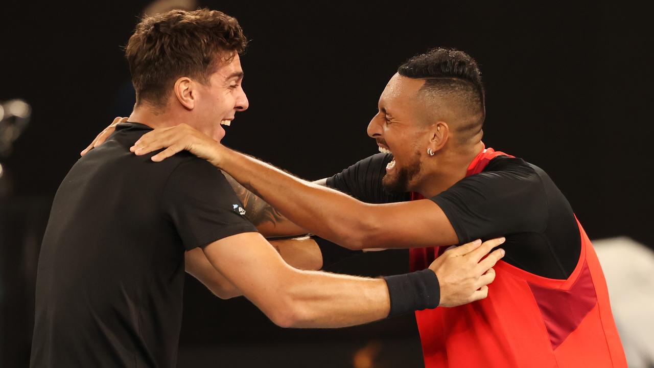 Thanasi Kokkinakis and Nick Kyrgios celebrate their win.