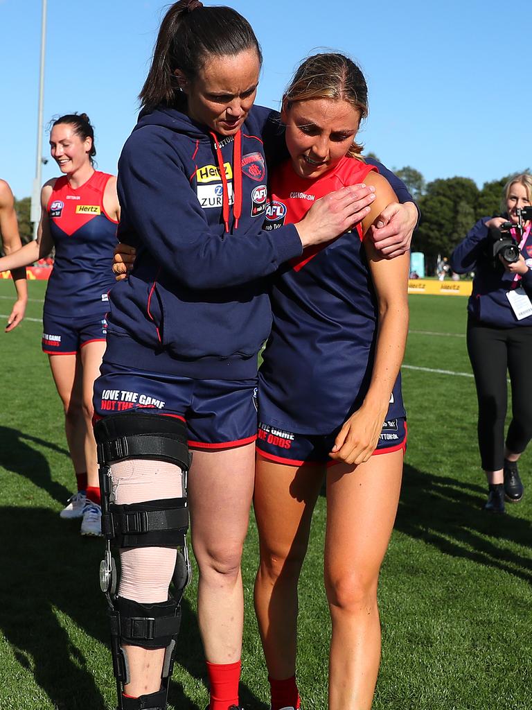 Pearce injured herself in the opening minutes of the Demons’ win over Brisbane. Picture: Getty Images