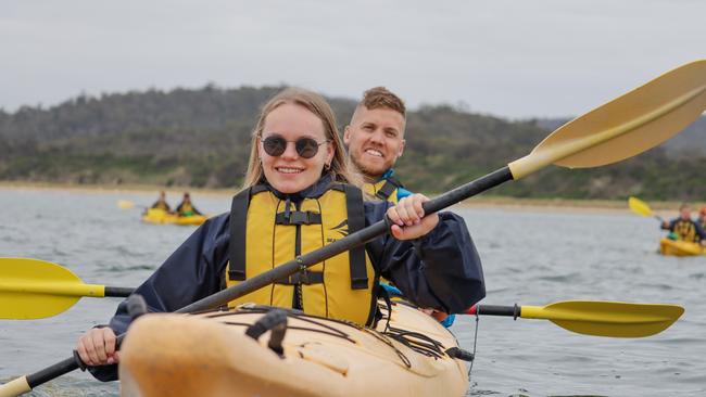 Cast members during filming for Adventure All Stars at Coles Bay. Picture: Supplied.