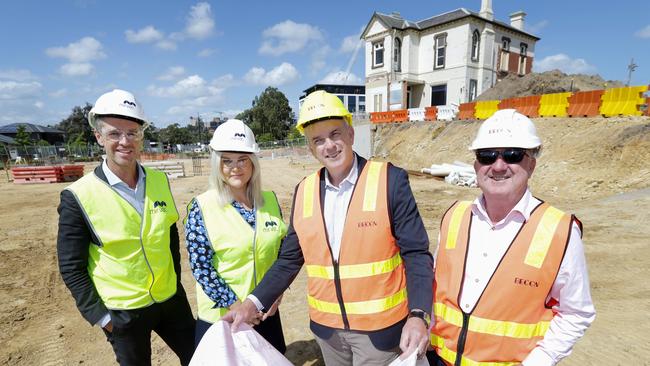 Mirvac’s Glen Greening and Elysa Anderson and Next Gen Health &amp; Lifestyle Clubs’ Brett Leahy and Greg Sedgwick check out construction at the Tullamore Estate in Doncaster. Picture: Norm Oorloff