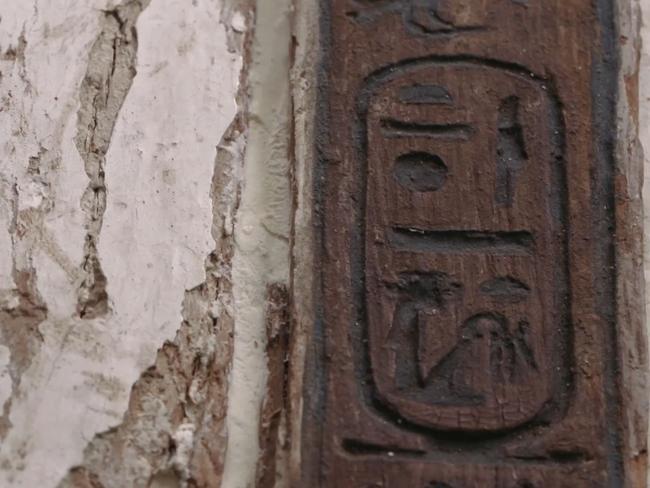 The cartouche of princess Meritaten on a recently reconstructed treasure chest that had been destroyed by the grave robbers who broke into Tut’s tomb. Screen capture: King Tut: Forgotten Treasure