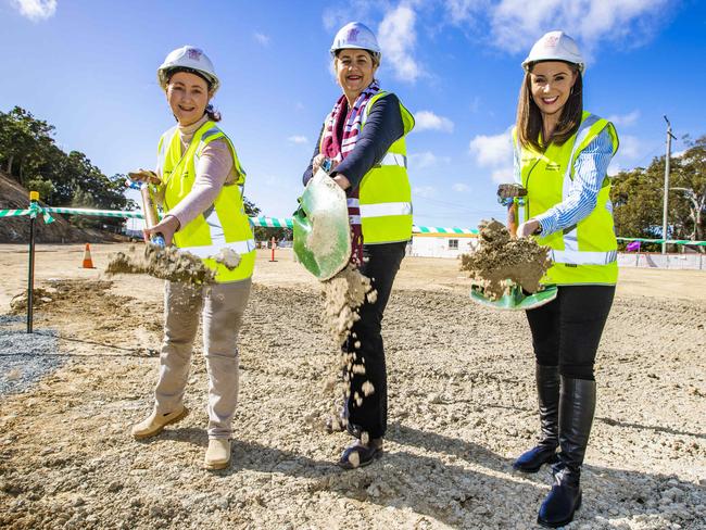 Premier Annastacia Palaszczuk, Health Minister Yvette D’Ath and Environment Minister Meaghan Scanlon turn the sod on the Tugun Satellite Hospital – one of seven being delivered across the south east. Picture: NIGEL HALLETT