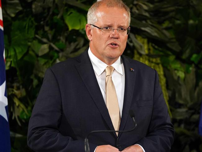 Australia's Prime Minister Scott Morrison speaks during a joint press conference with his New Zealand counterpart Jacinda Ardern in Auckland on February 22, 2019. - Morrison is in New Zealand to hold bilateral talks with his Kiwi counterpart Jacinda Ardern. (Photo by Diego OPATOWSKI / AFP)