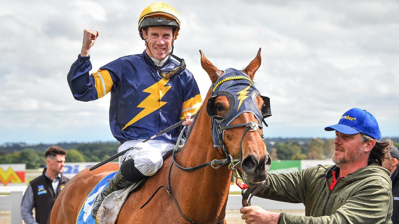 John Allen returns to the mounting yard on Bankers Choice (NZ) after winning the Sportsbet Ballarat Cup at Ballarat Racecourse on November 19. Photo by Reg Ryan/Racing Photos via Getty Images