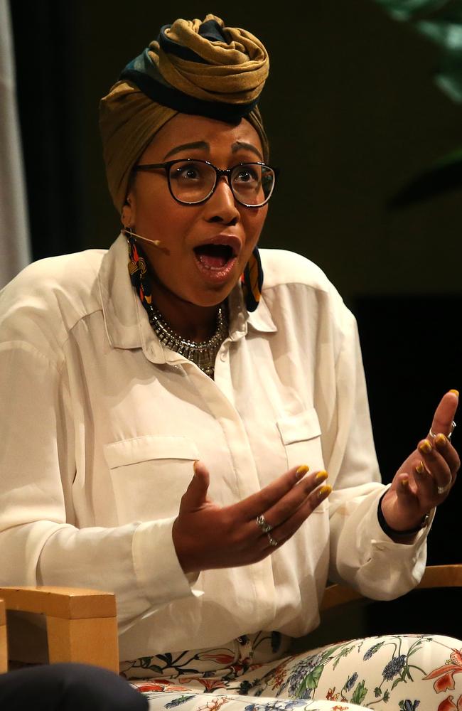 Yassmin Abdel-Magied speaking at the National Library, Canberra, in June says ‘deeply racist’ attacks have been made against her. Picture Kym Smith.