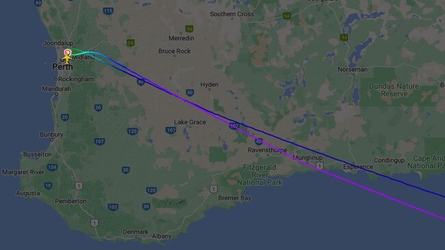 A Perth to Melbourne flight U-turned Monday night less than an hour into the journey. A caller has told radio station 3AW a man was agitated and banging on the cockpit door. Picture: Flight Radar24