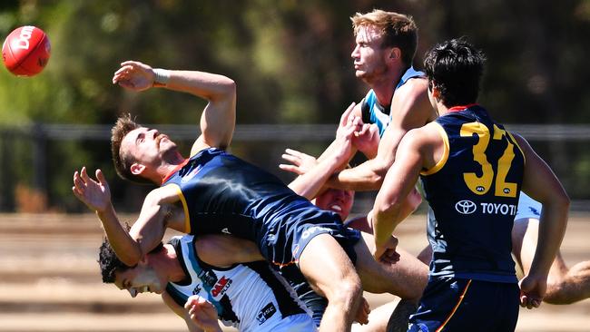 Jordan Gallucci of the Crows attempts to mark under pressure during the Adelaide Crows v Port Adelaide Under 23 trial at Thebarton Oval on Saturday. Picture: AAP/Mark Brake