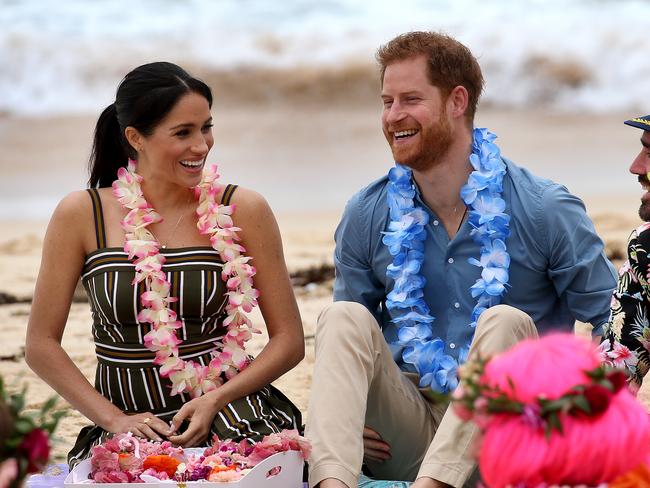 The Duke and Duchess of Sussex, Prince Harry and Meghan Markle visit iconic Bondi Beach in Sydney during their Australian visit for the Invictus Games. The Royal couple met with members of the local surfing and wellbeing communities known as 'One Wave' that raise awareness for mental health. Picture: Toby Zerna