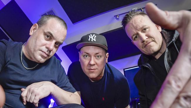Hilltop Hoods member Bazz (DJ Debris), Matt (Suffa) and Dan (Pressure). Picture: Roy VanDerVegt