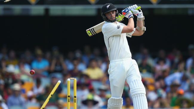 Tim Southee is bowled by Mitchell Starc during day three of the First Test.