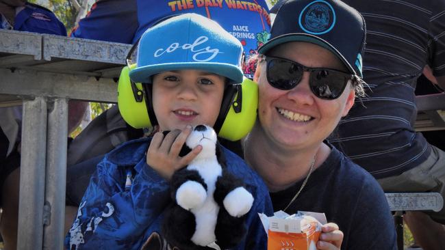 Cody, 4, and Toni Thomson at the 2023 Darwin Supercars. Picture: Fia Walsh