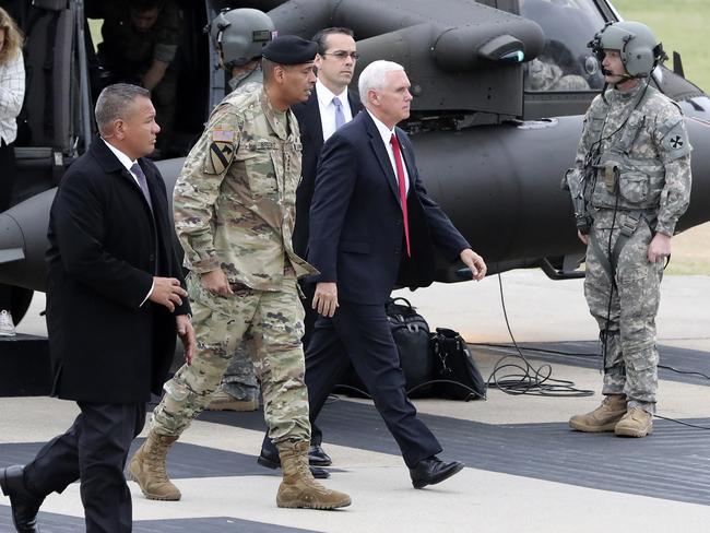 US Vice President Mike Pence (centre) visited South Korea on Monday, April 17, a day after the North conducted a failed missile launch. Picture: Lee Jin-man/AP