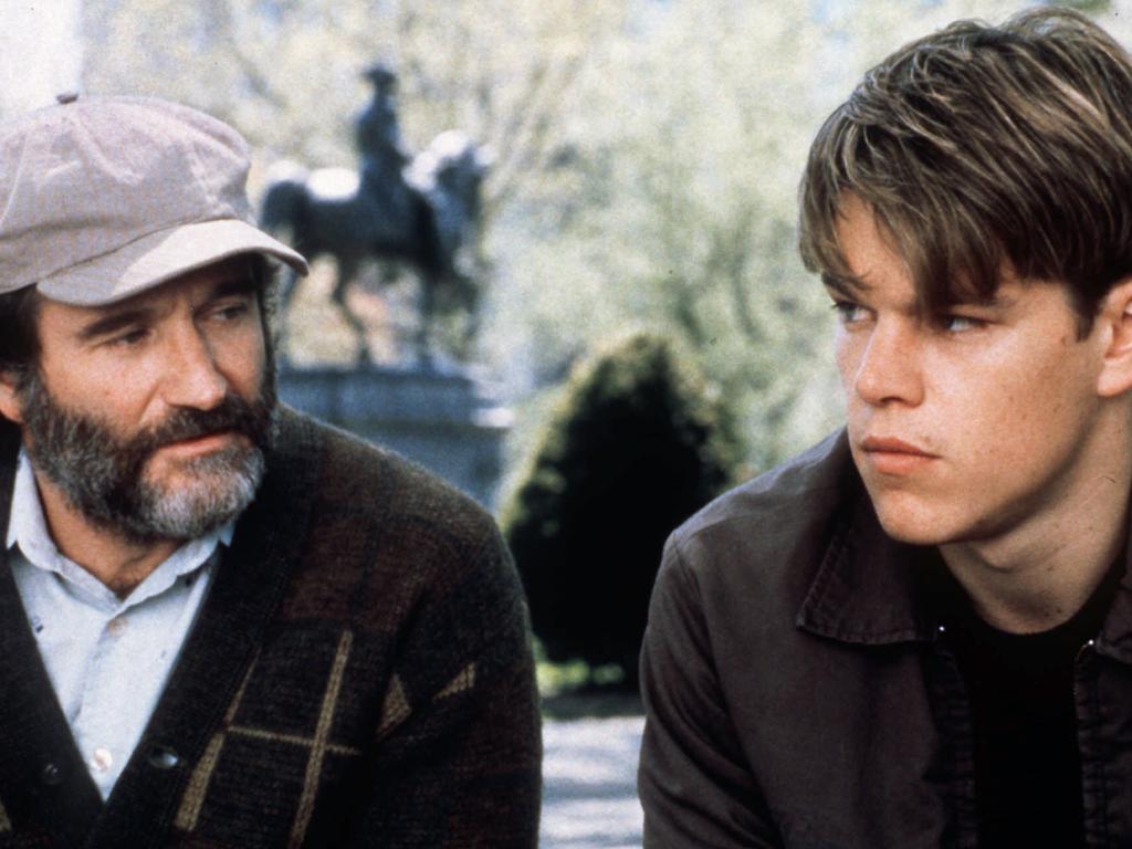 Robin Williams and Matt Damon in scene from Good Will Hunting.