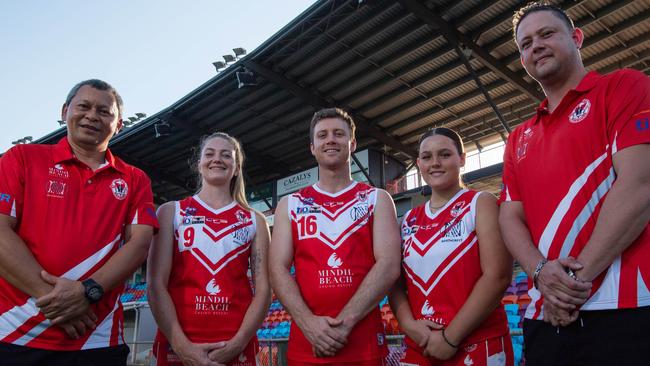 Waratah senior representatives Chris Lai, Maddi Jeans, Eddie Morris, Kierra Zerafa and Ryan Ayres at the 2023-24 NTFL season launch. Picture: Pema Tamang Pakhrin