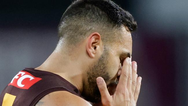 GOLD COAST, AUSTRALIA - APRIL 13: Jarman Impey of the Hawks reacts during the 2024 AFL Round 05 match between the Gold Coast SUNS and the Hawthorn Hawks at People First Stadium on April 13, 2024 in Gold Coast, Australia. (Photo by Russell Freeman/AFL Photos via Getty Images)