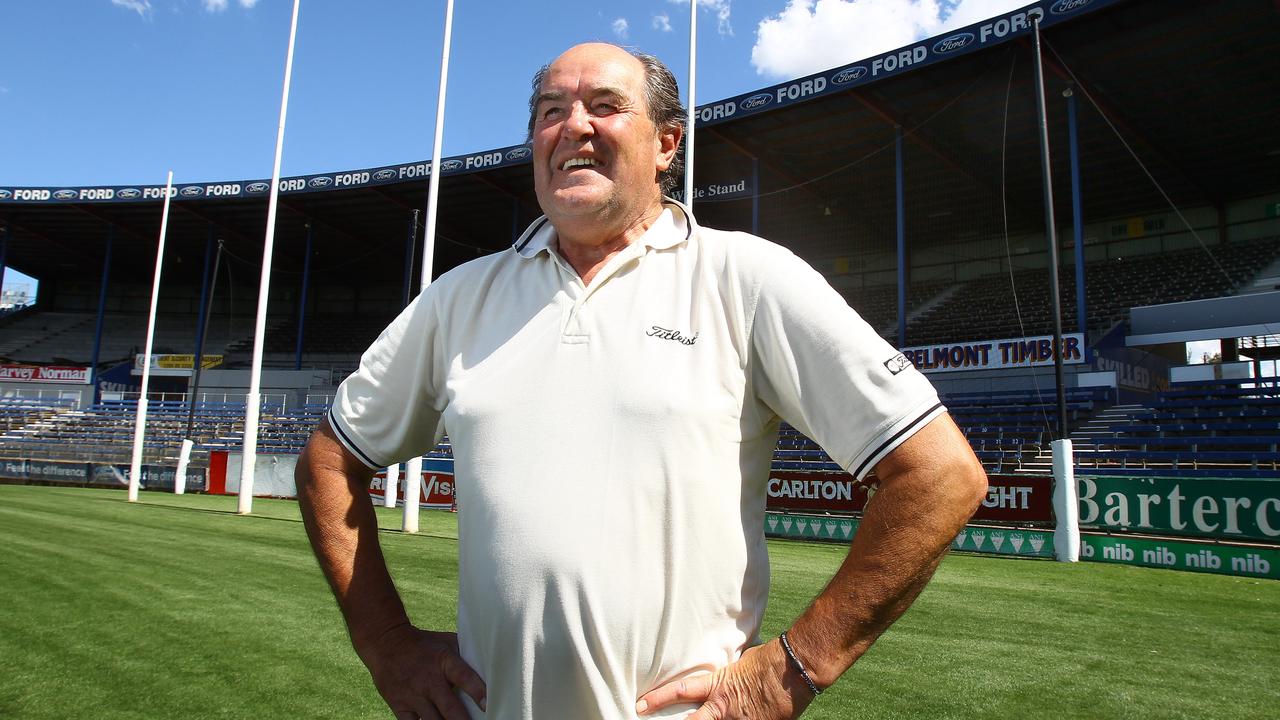 Geelong goalkicking legend Doug Wade and his original stand before it was demolished.