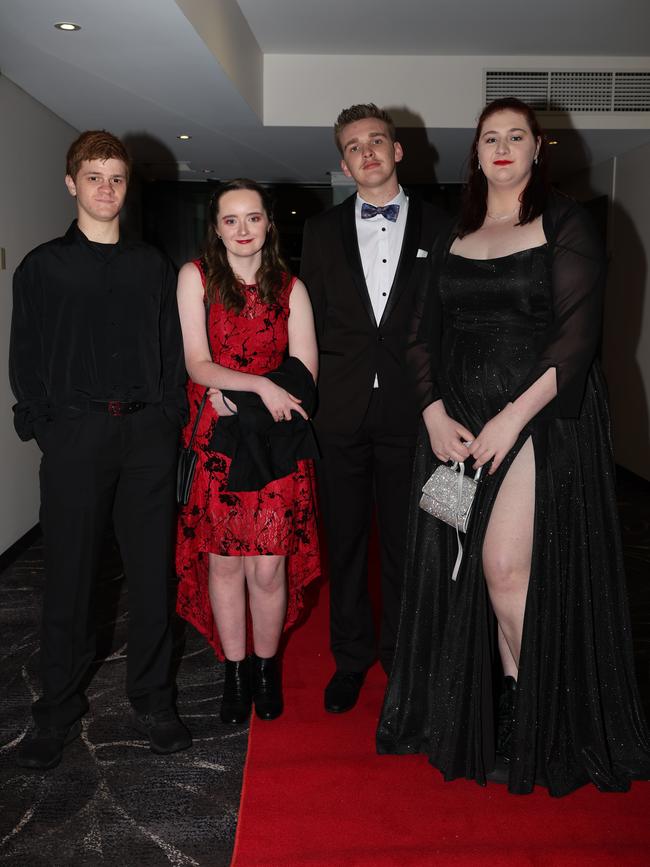 MELBOURNE, AUSTRALIA – JUNE 14 2024 Noah Parkinson, Emily Allan, Will Provan and Shall Halliwell attends the Lowanna College Senior Formal 2024 at the Moe Racing Club Picture: Brendan Beckett