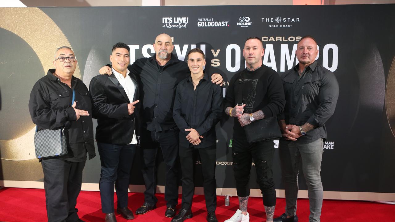 Tim Tszyu v Carlos Ocampo fight launch party, Nineteen at the Star, Broadbeach. (L-R) are Paul Demicoli, Steven Wijangco, Angelo Di Carlo, Rocky Ogden, Nugget McNaught, Sava Cvetkovic.Picture by Richard Gosling