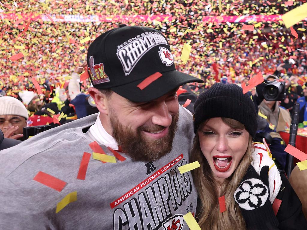 Music superstar Taylor Swift celebrates with Travis Kelce after the Kansas City Chiefs defeated the Buffalo Bills. Picture: Getty Images via AFP