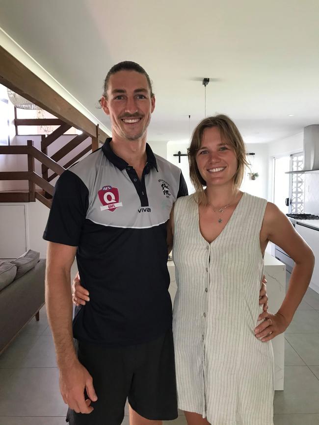 Broadbeach Cats QAFL recruit Jordan Moncrieff with partner Charlee Cowley Picture: Supplied.