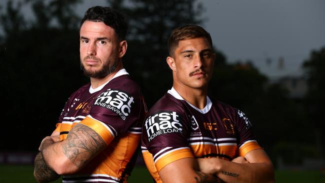 Broncos veteran Darius Boyd and Rising star Kotoni Staggs at Red Hill. Picture: Lachie Millard