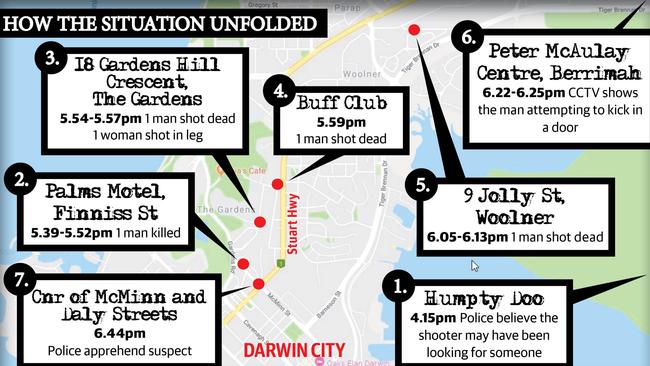 Map on how the Darwin shootings situation unfolded. Graphic: STUART THORNTON