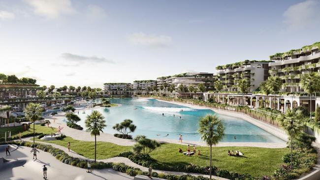 The wave pool and surrounding buildings planned at Parkwood on the Gold Coast.