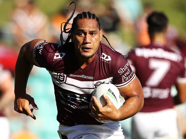 SYDNEY, AUSTRALIA - FEBRUARY 28: Martin Taupau of the Sea Eagles runs the ball during the NRL Trial Match between the Wests Tigers and the Manly Sea Eagles at Leichhardt Oval on February 28, 2021 in Sydney, Australia. (Photo by Mark Kolbe/Getty Images)