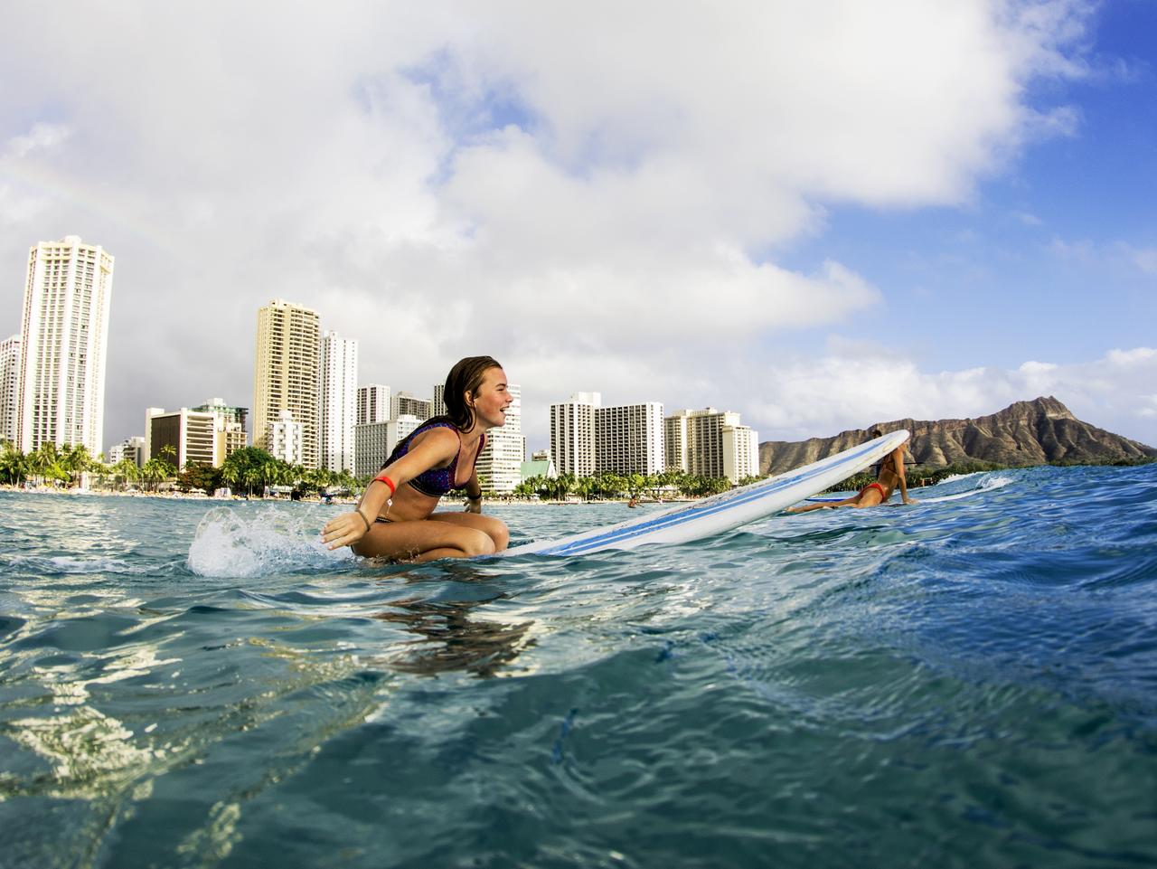 Women Surfers Waiting For Waves Waikiki Beach Honolulu Hawaii