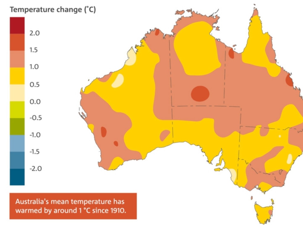 Temperature change in Australia according to a CSIRO report. Picture: CSIRO