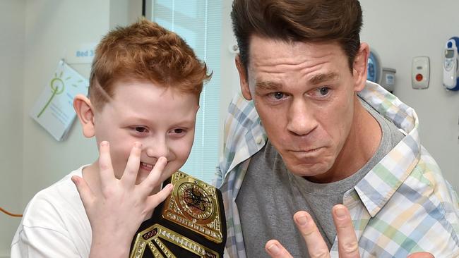 John Cena meets patient Joshua, 9, at Monash Children’s Hospital, in February 2023. Picture: Nicki Connolly.<br/>