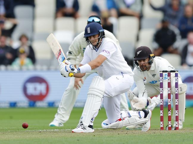 The English batsmen are brutal in attack – pictured is Joe Root of England bats during day two of the Second Test Match between New Zealand and England at Basin Reserve on February 25. Picture: Hagen Hopkins/Getty Images