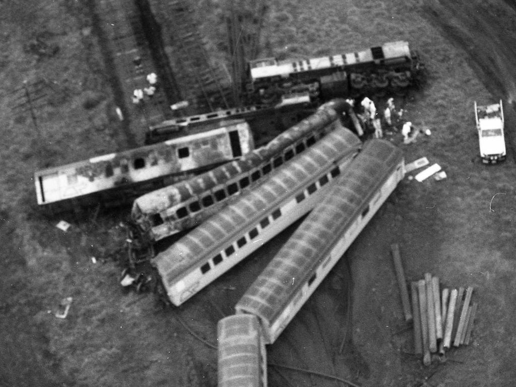 The wreckage of the westlander lies where it came off the tracks near Roma Saturday November 7, 1987