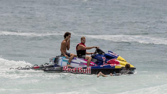 Mick Fanning on a jetski as surfers enjoy the larger than usual swell at Kirra Beach due to Tropical Cyclone Oma Picture: Jerad Williams