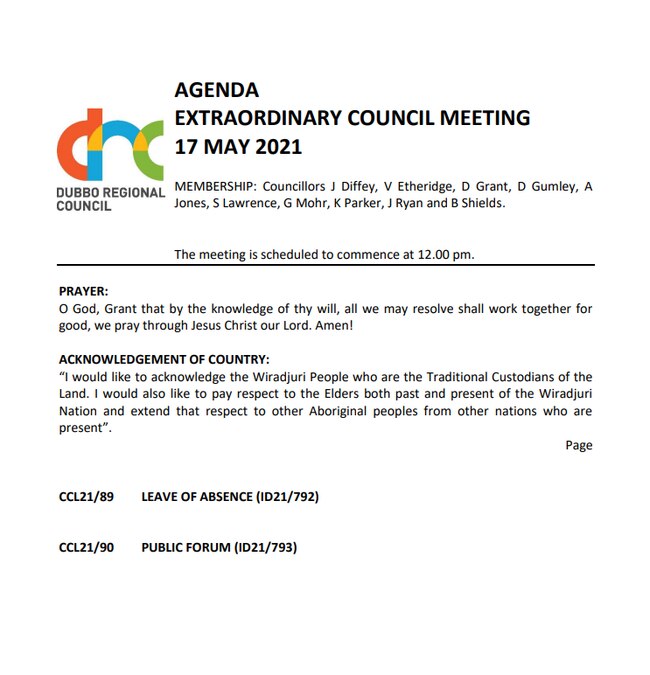 The Dubbo council meeting agenda with nothing on it. Picture: Dubbo Regional Council