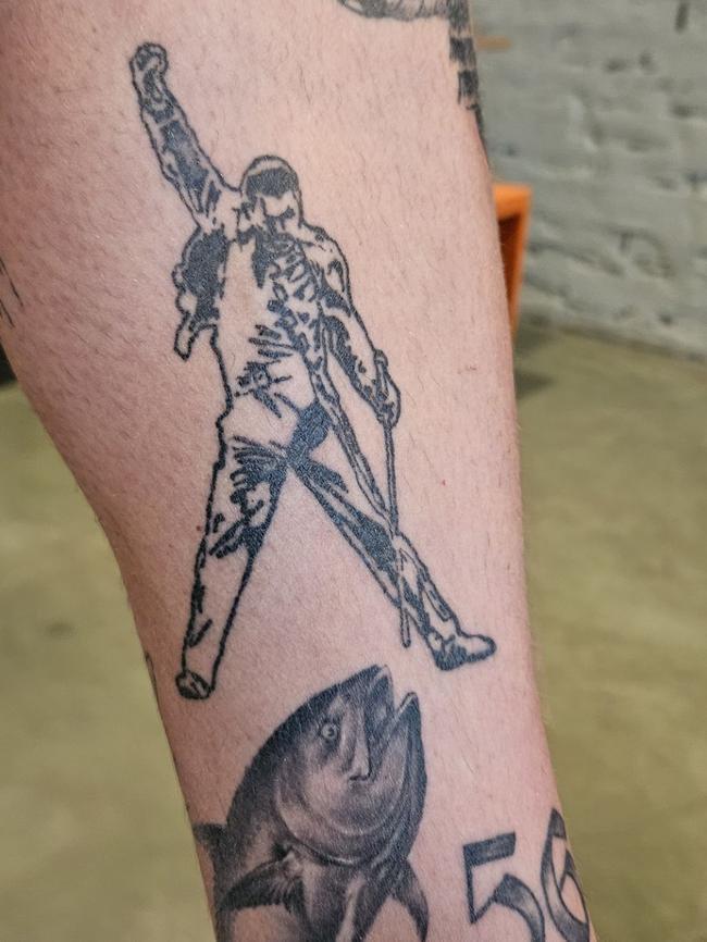 Kyle Chalmers tattoos include Snoop Dogg, Freddie Mercury and a Port Lincoln Tuna. Picture: Supplied